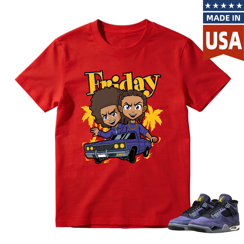 Friday Cartoon Characters In Car Shirt To Match Jordan 4 Lakers Imperial Purple Sneaker Match Shirt