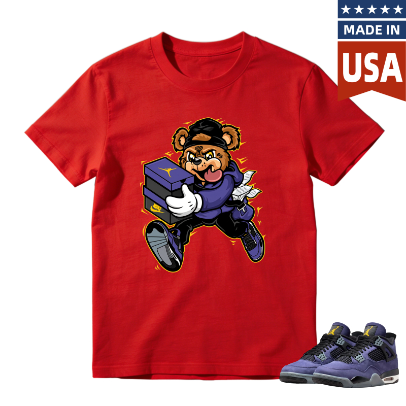Cartoon Bear Holding Shoe Box Shirt to Match Jordan 4 Lakers Imperial Purple - Sneaker Match Shirt