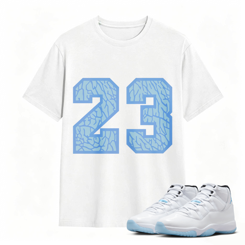 Number 23 Blue Cracked Pattern Shirt To Match Air Jordan 11 White Legend Blue - Sneaker Match Shirt