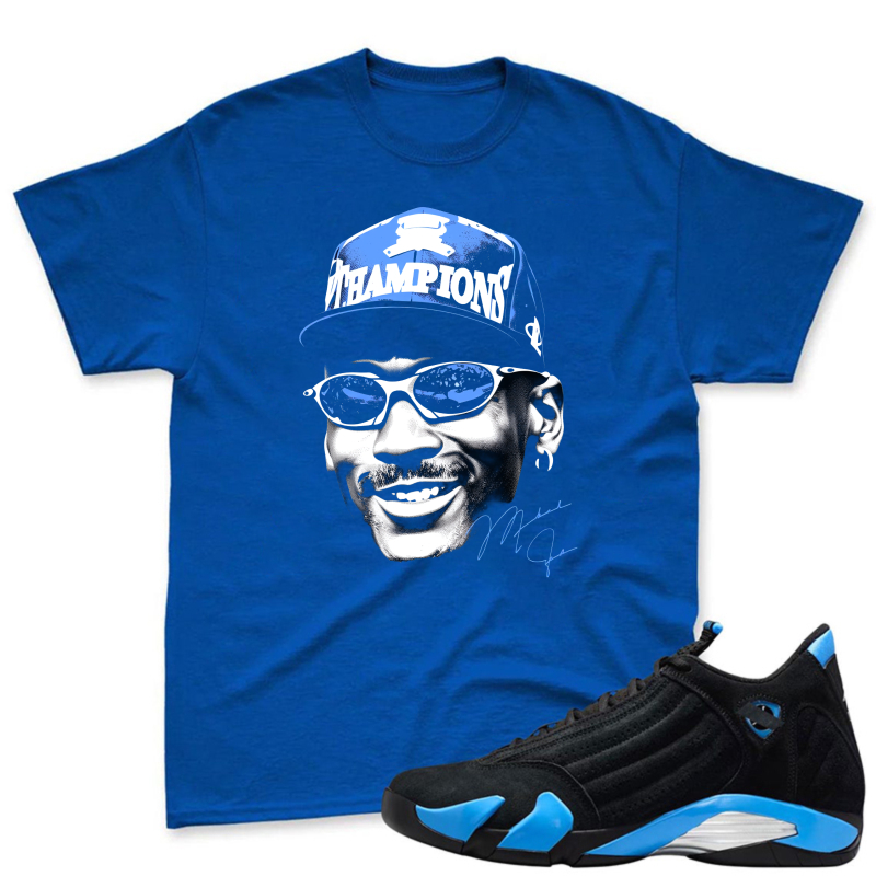 Michael Jordan Champions Cap And Sunglasses Portrait Shirt To Match Jordan 14 Black And University Blue Sneaker Match Shirt