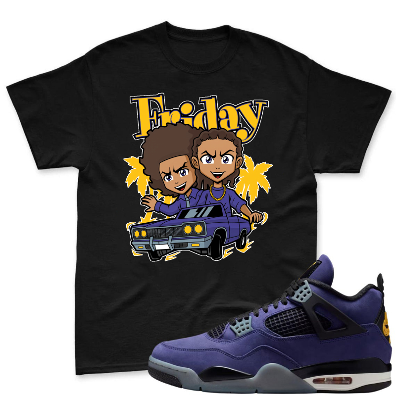 Friday Cartoon Characters In Car Shirt To Match Jordan 4 Lakers Imperial Purple Sneaker Match Shirt