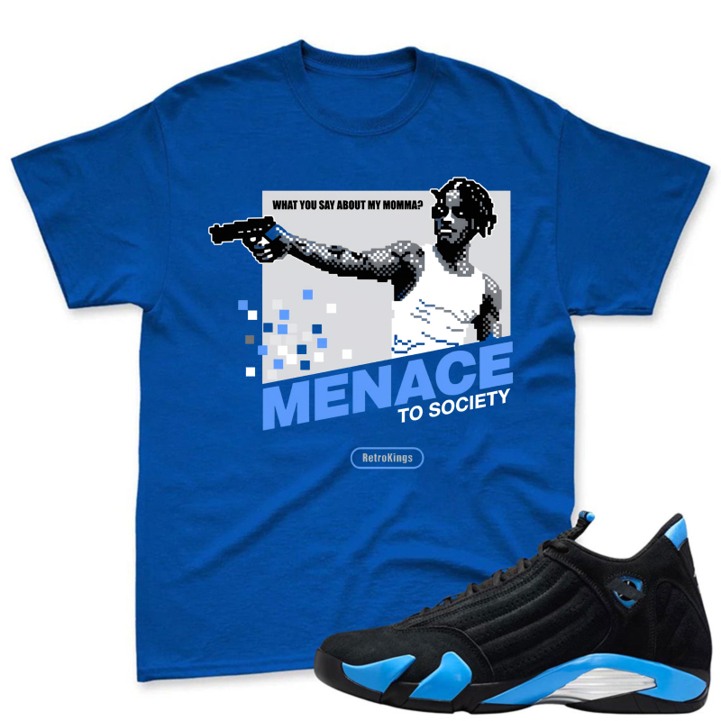 Menace To Society Graphic With Gun And Text Shirt To Match Jordan 14 Black And University Blue Sneaker Match Shirt
