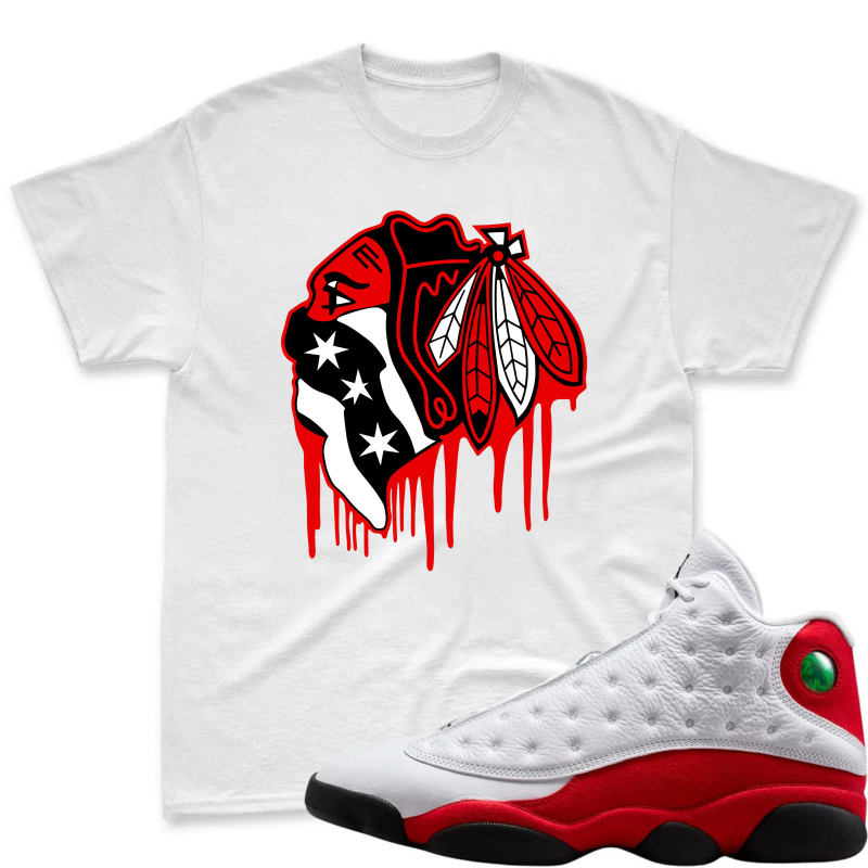 Chicago Bulls Logo With Drip Effect Shirt To Match Air Jordan 13 Chicago - Sneaker Match Shirt
