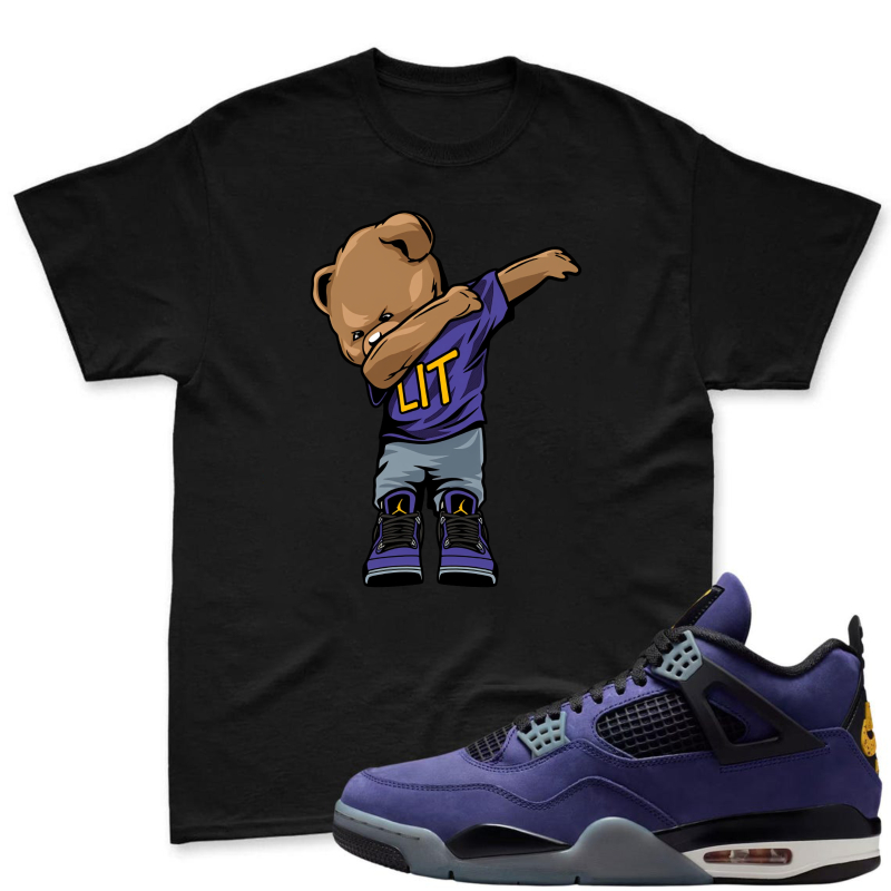 Cartoon Bear Dabbing In Lakers Jersey Shirt To Match Jordan 4 Lakers Imperial Purple - Sneaker Match Shirt