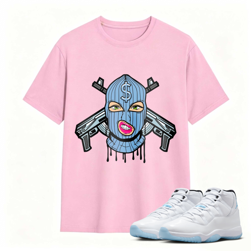 Blue Mask With Dollar Sign And Crossed Guns Shirt To Match Air Jordan 11 White Legend Blue Sneaker Match Shirt