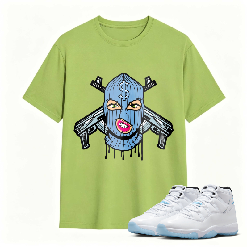 Blue Mask With Dollar Sign And Crossed Guns Shirt To Match Air Jordan 11 White Legend Blue Sneaker Match Shirt