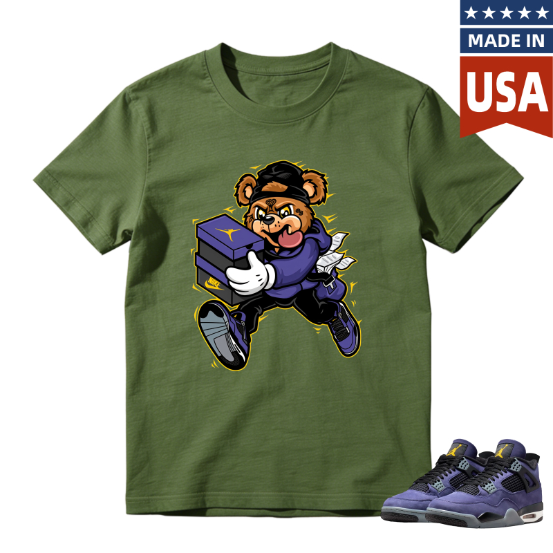 Cartoon Bear Holding Shoe Box Shirt to Match Jordan 4 Lakers Imperial Purple - Sneaker Match Shirt
