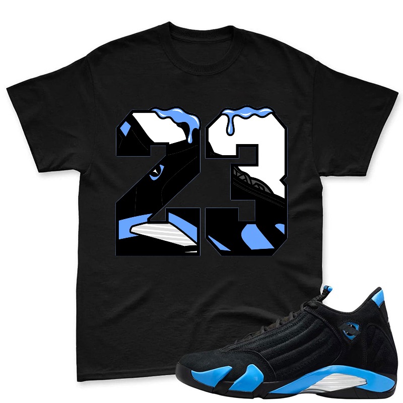 Number 23 With Blue Drip Design Shirt To Match Jordan 14 Black And University Blue Sneaker Match Shirt