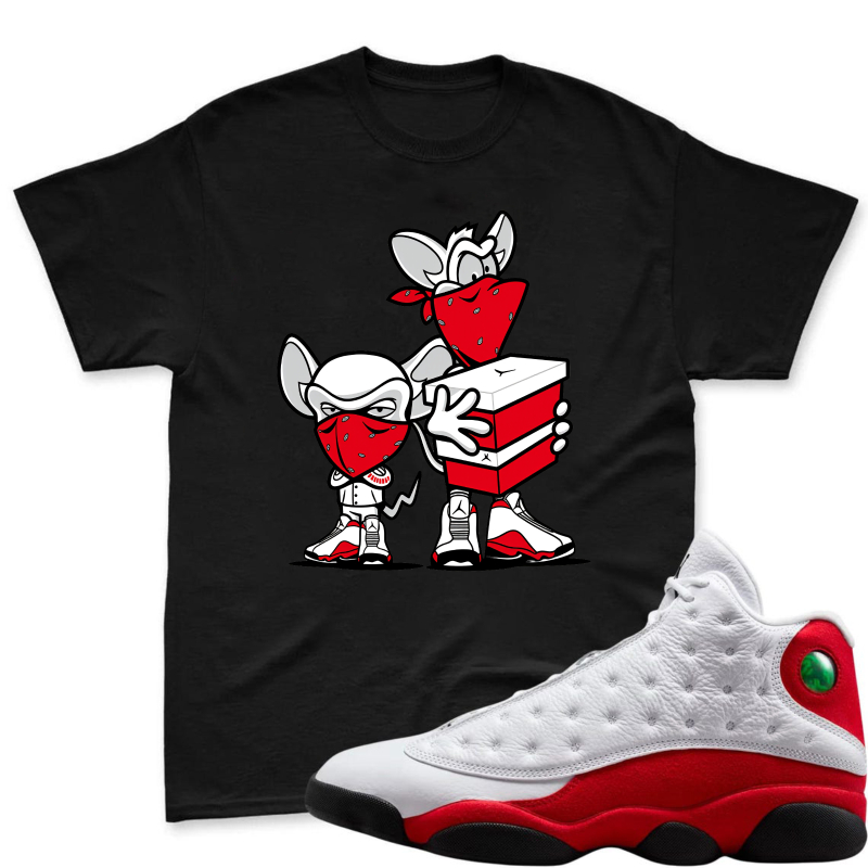 Cartoon Mice With Red Masks And Shoes Shirt To Match Air Jordan 13 Chicago Sneaker Match Shirt
