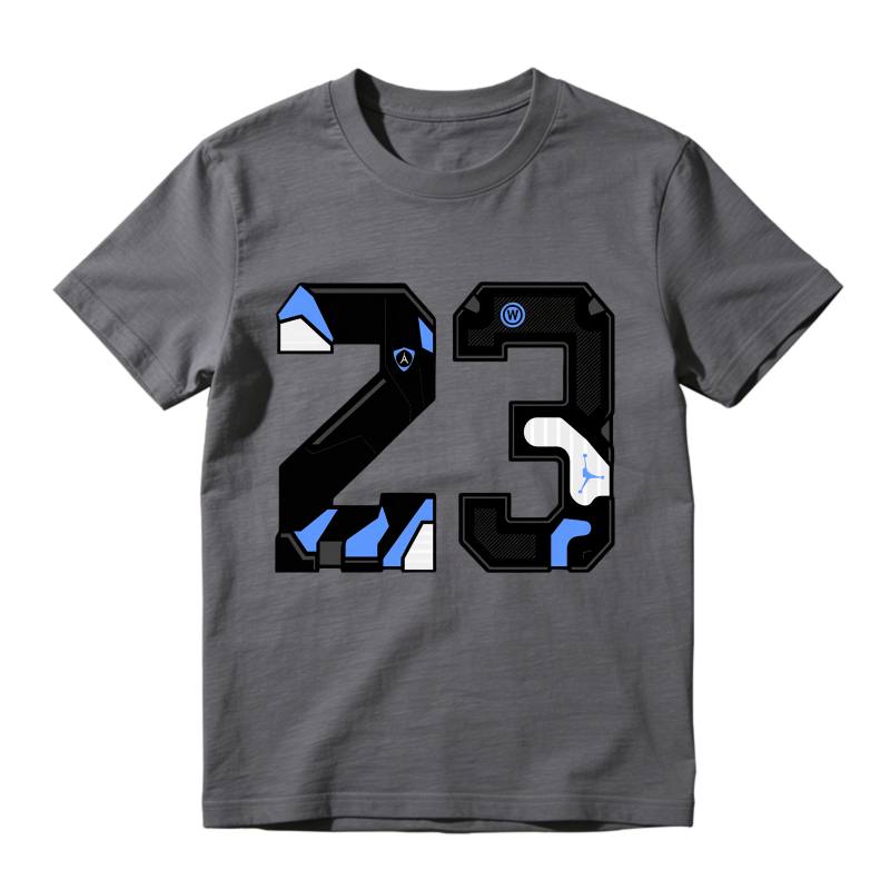 Number 23 With Jordan Logo And Blue Accents Shirt To Match Jordan 14 Black And University Blue Sneaker Match Shirt