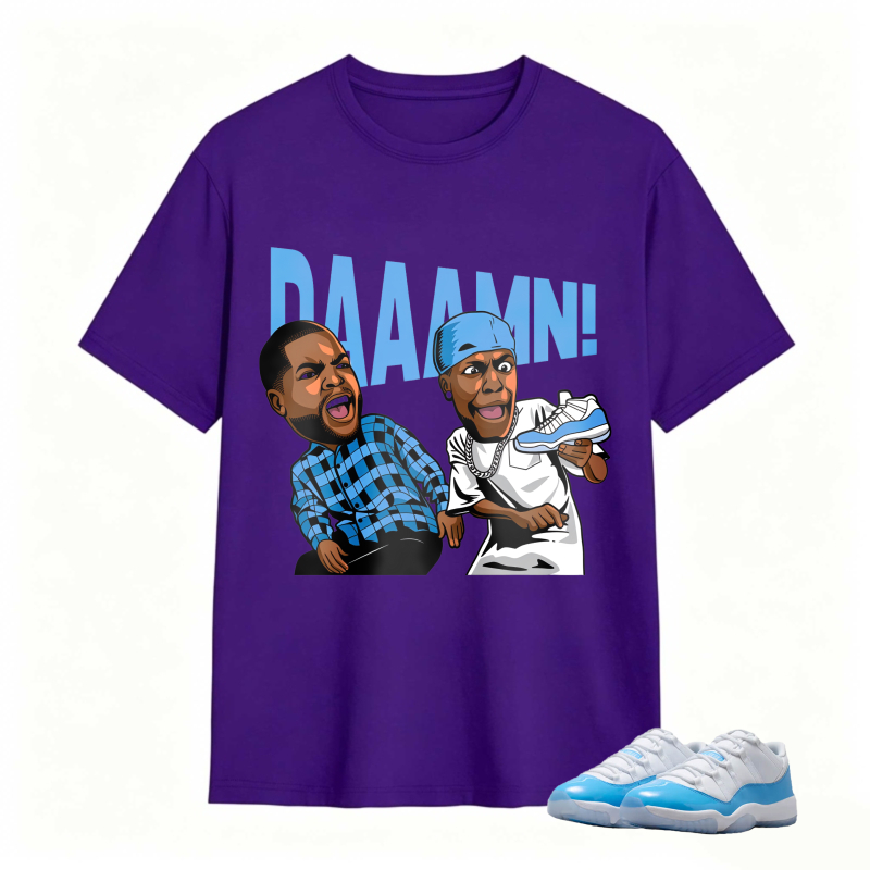 Cartoon Characters With Blue Sneaker And Daaamn Text Shirt To Match Jordan 11 University Blue - Sneaker Match Shirt