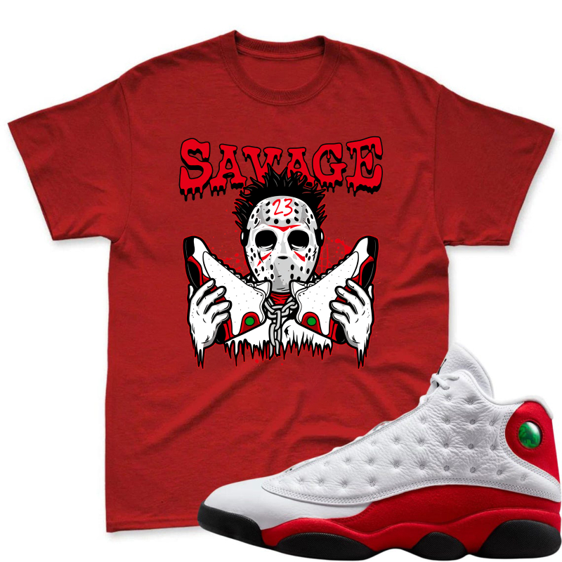 Savage Hockey Mask With Blood Splatter And Jordan 13 Shoes Shirt To Match Air Jordan 13 Chicago - Sneaker Match Shirt