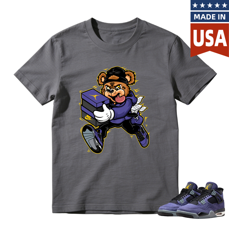 Cartoon Bear Holding Shoe Box Shirt to Match Jordan 4 Lakers Imperial Purple - Sneaker Match Shirt