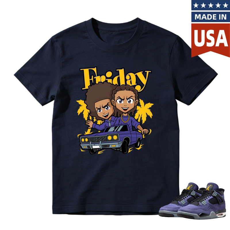 Friday Cartoon Characters In Car Shirt To Match Jordan 4 Lakers Imperial Purple Sneaker Match Shirt
