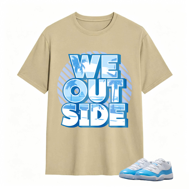 We Outside Text With Palm Tree And Ocean Design Shirt To Match Jordan 11 University Blue Sneaker Match Shirt