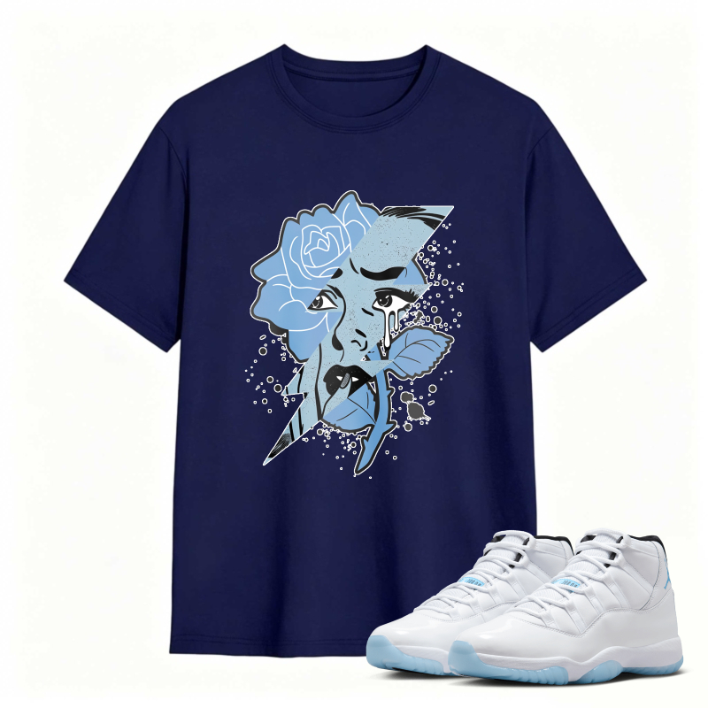 Blue Rose Face Art Shirt to Match Air Jordan 11 White Legend Blue - Sneaker Match Shirt