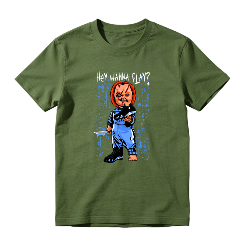 Chucky Doll With Knife And Text Hey Wanna Play Shirt To Match Jordan 14 Black And University Blue - Sneaker Match Shirt