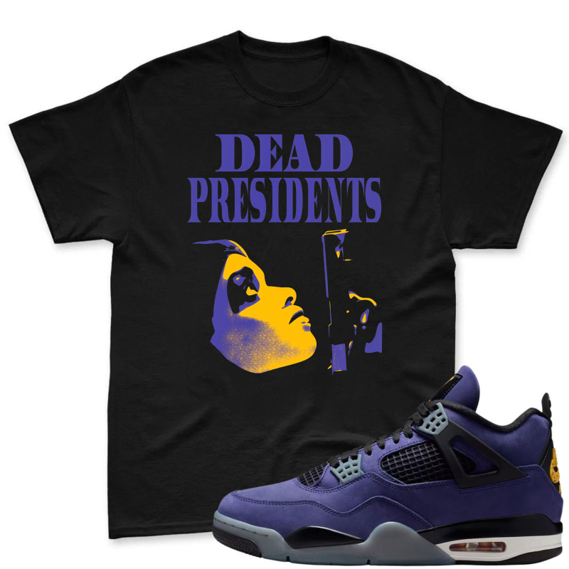 Dead Presidents Graphic With Yellow And Purple Portrait Shirt To Match Jordan 4 Lakers Imperial Purple Sneaker Match Shirt