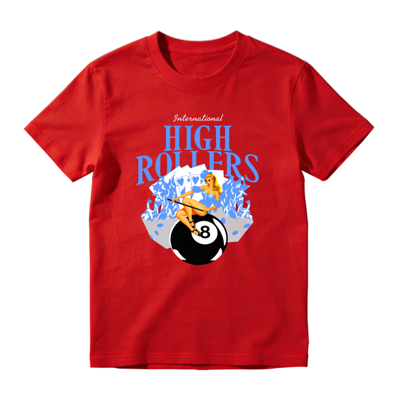 International High Rollers Woman On Eight Ball With Flames Shirt To Match Jordan 14 Black And University Blue Sneaker Match Shirt