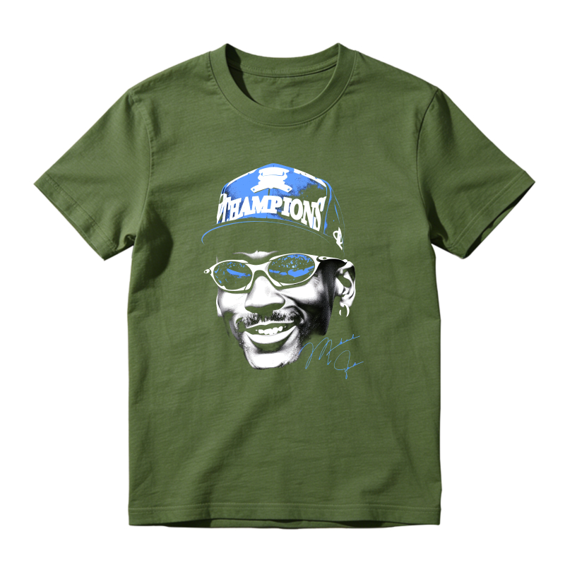 Michael Jordan Champions Cap And Sunglasses Portrait Shirt To Match Jordan 14 Black And University Blue Sneaker Match Shirt