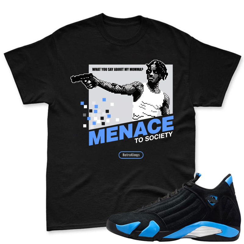 Menace To Society Graphic With Gun And Text Shirt To Match Jordan 14 Black And University Blue Sneaker Match Shirt