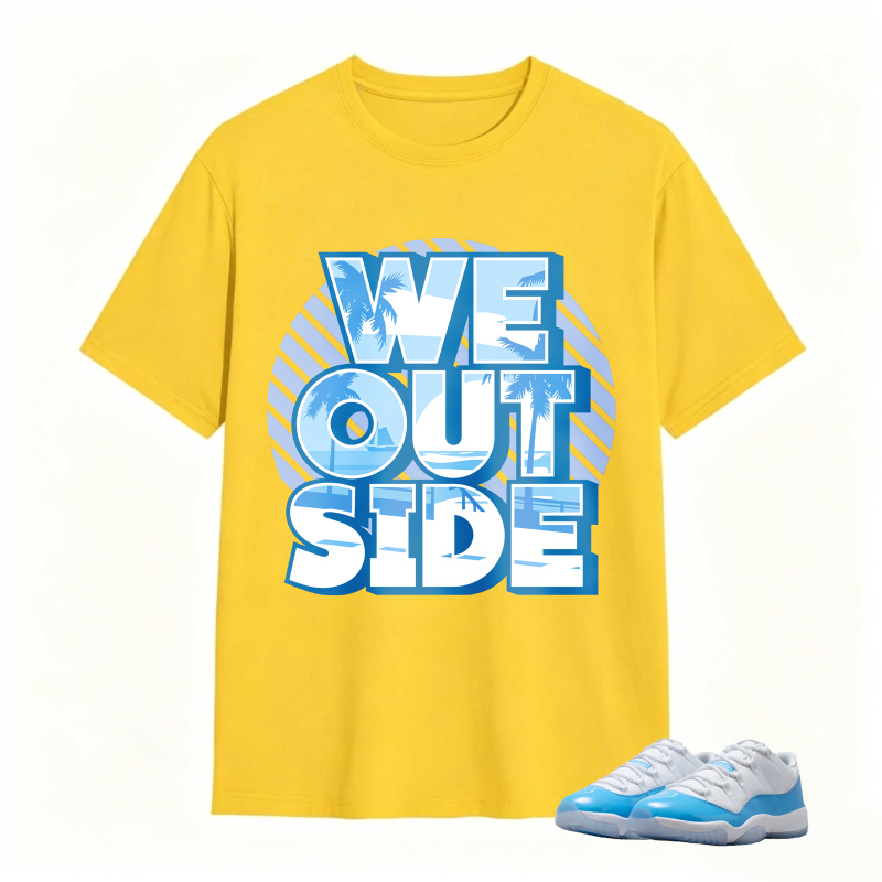 We Outside Text With Palm Tree And Ocean Design Shirt To Match Jordan 11 University Blue Sneaker Match Shirt