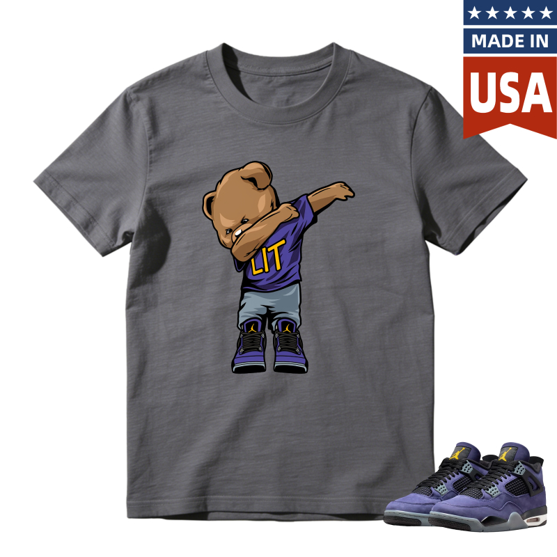 Cartoon Bear Dabbing In Lakers Jersey Shirt To Match Jordan 4 Lakers Imperial Purple - Sneaker Match Shirt