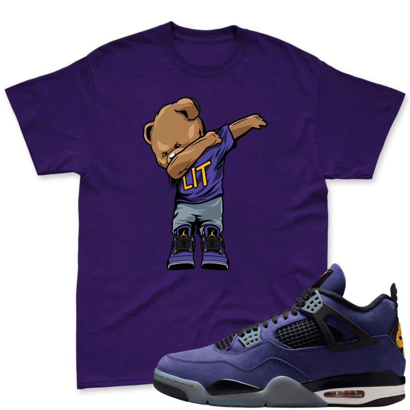Cartoon Bear Dabbing In Lakers Jersey Shirt To Match Jordan 4 Lakers Imperial Purple - Sneaker Match Shirt