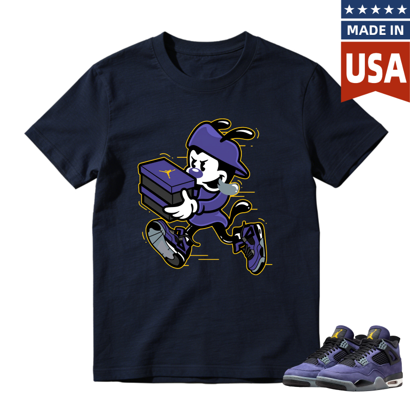 Cartoon Character Holding Shoe Box Shirt to Match Jordan 4 Lakers Imperial Purple - Sneaker Match Shirt
