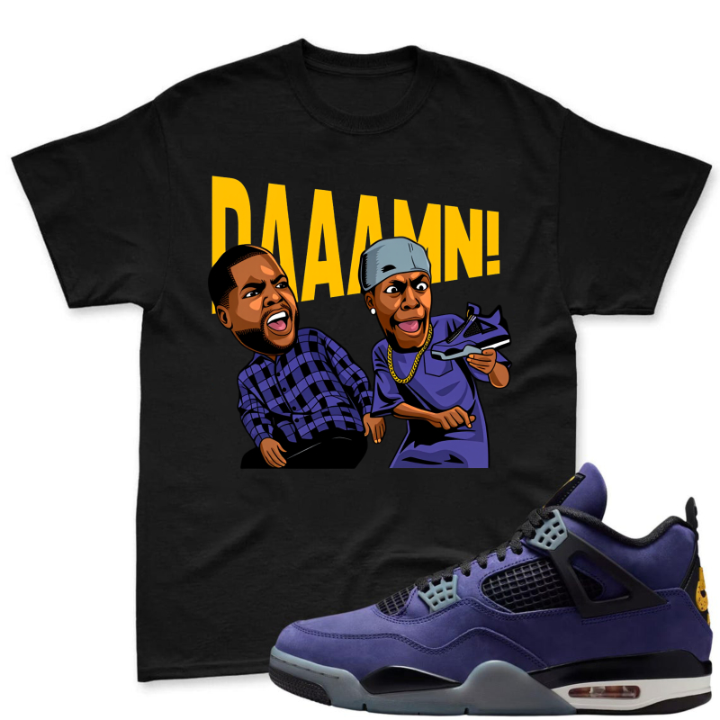 Cartoon Characters With Daaamn Text Shirt To Match Jordan 4 Lakers Imperial Purple Sneaker Match Shirt