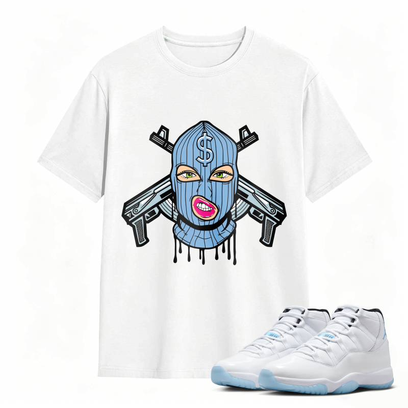 Blue Mask With Dollar Sign And Crossed Guns Shirt To Match Air Jordan 11 White Legend Blue Sneaker Match Shirt