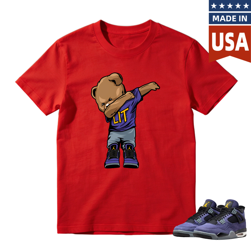 Cartoon Bear Dabbing In Lakers Jersey Shirt To Match Jordan 4 Lakers Imperial Purple - Sneaker Match Shirt