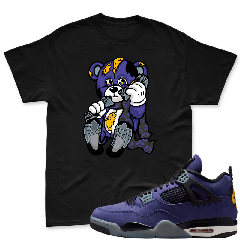 Cartoon Bear With Lightning And Basketball Shirt To Match Jordan 4 Lakers Imperial Purple Sneaker Match Shirt