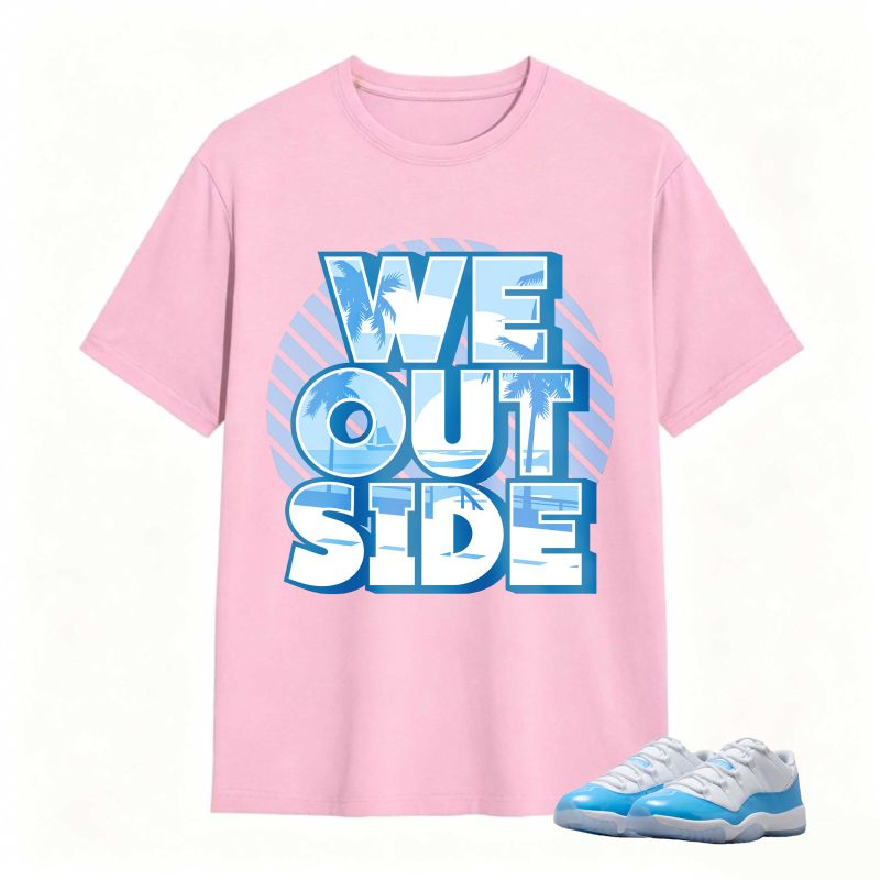 We Outside Text With Palm Tree And Ocean Design Shirt To Match Jordan 11 University Blue Sneaker Match Shirt
