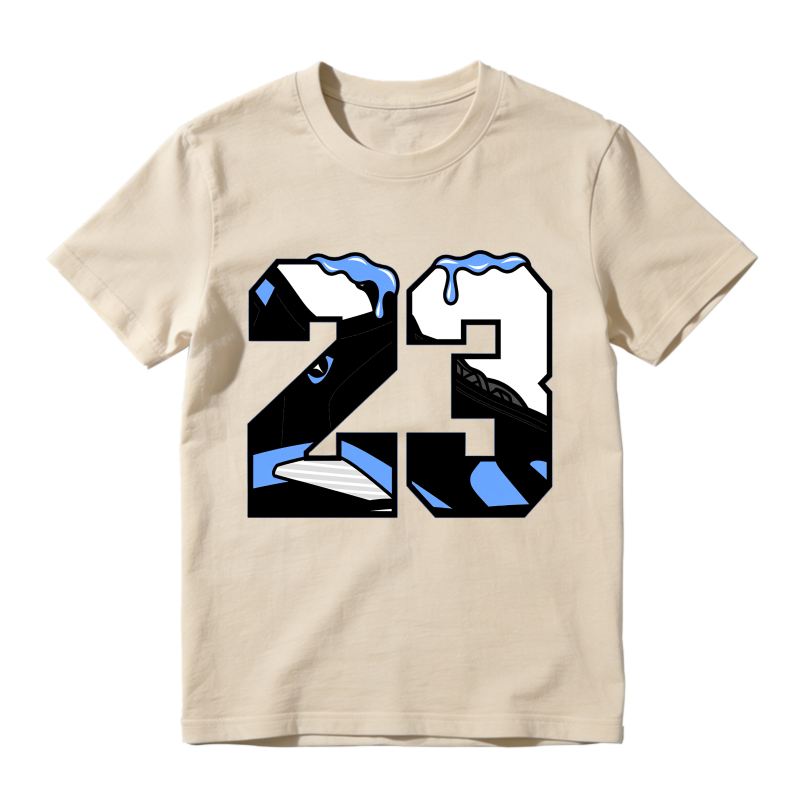 Number 23 With Blue Drip Design Shirt To Match Jordan 14 Black And University Blue Sneaker Match Shirt