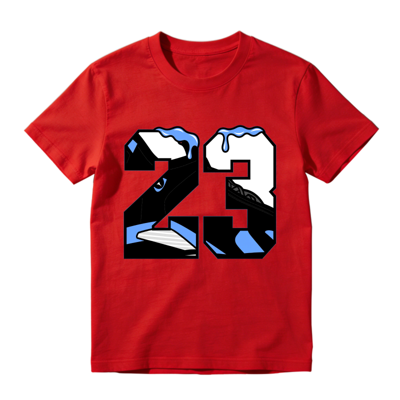 Number 23 With Blue Drip Design Shirt To Match Jordan 14 Black And University Blue Sneaker Match Shirt