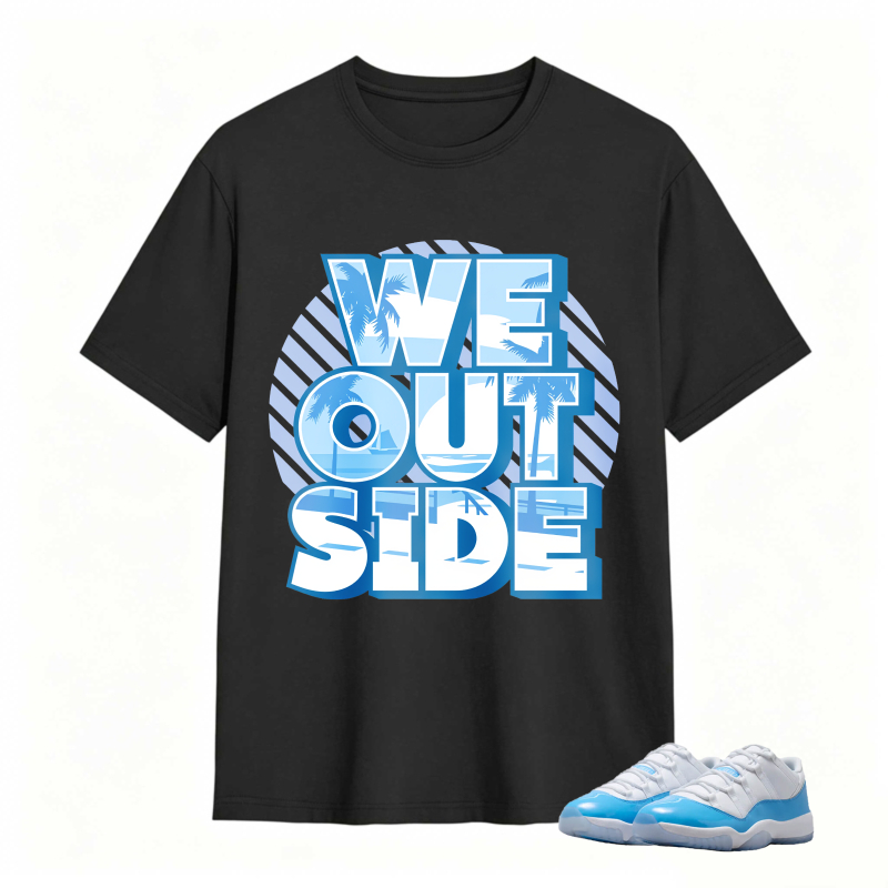 We Outside Text With Palm Tree And Ocean Design Shirt To Match Jordan 11 University Blue Sneaker Match Shirt