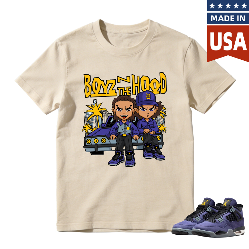 Boyz N The Hood Cartoon Characters With Car And Palm Trees Shirt To Match Jordan 4 Lakers Imperial Purple Sneaker Match Shirt