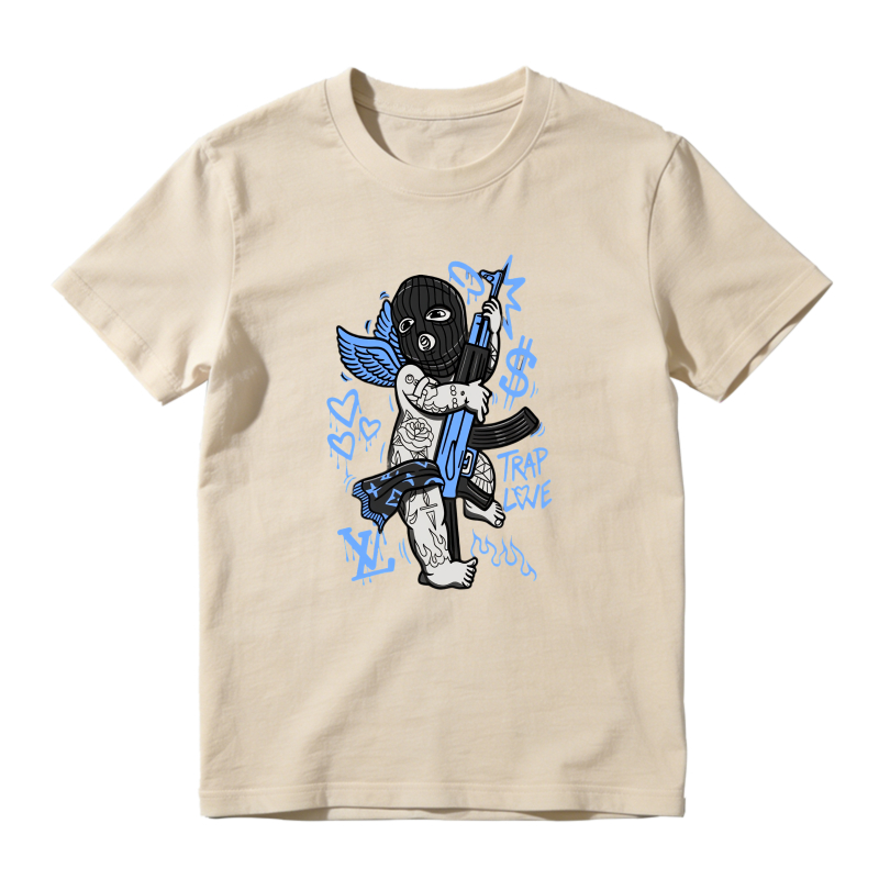 Angel With Gun And Trap Love Text Shirt To Match Jordan 14 Black And University Blue - Sneaker Match Shirt