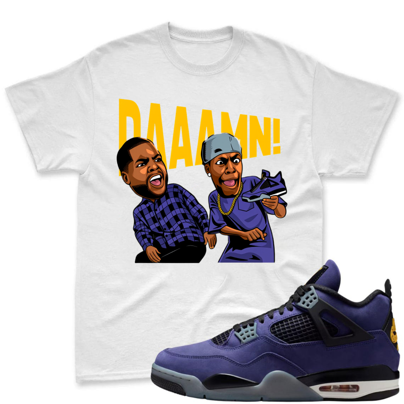 Cartoon Characters With Daaamn Text Shirt To Match Jordan 4 Lakers Imperial Purple Sneaker Match Shirt