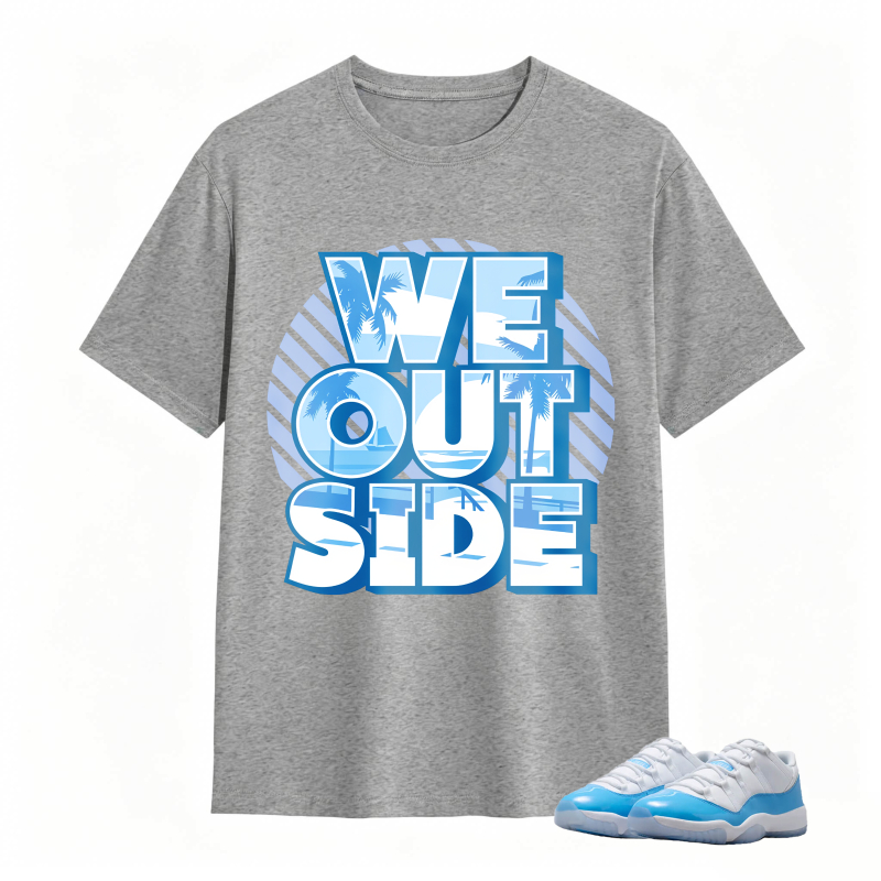 We Outside Text With Palm Tree And Ocean Design Shirt To Match Jordan 11 University Blue Sneaker Match Shirt