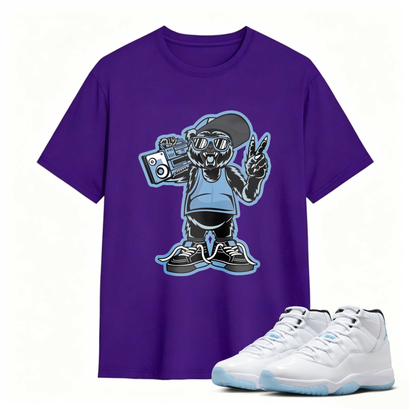 Cartoon Bear With Boombox And Sunglasses Shirt To Match Air Jordan 11 White Legend Blue - Sneaker Match Shirt