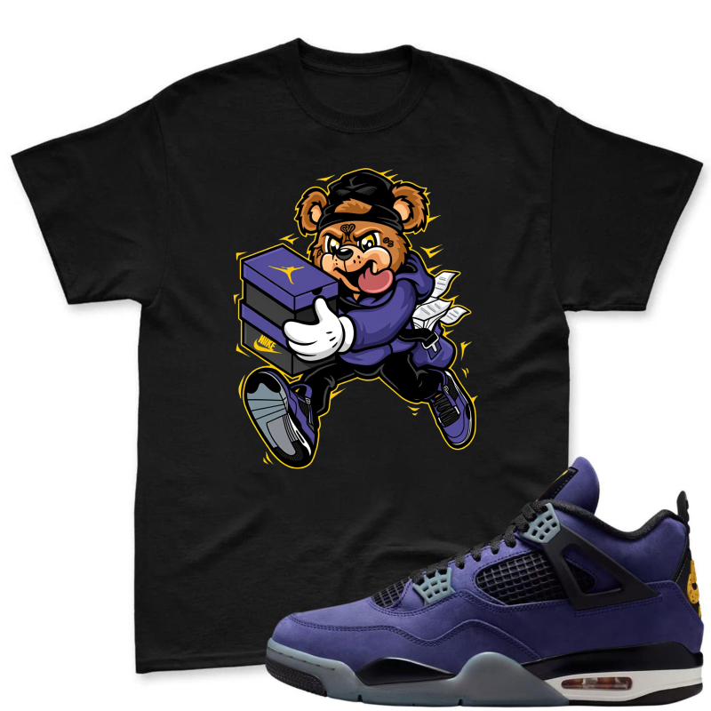 Cartoon Bear Holding Shoe Box Shirt to Match Jordan 4 Lakers Imperial Purple - Sneaker Match Shirt