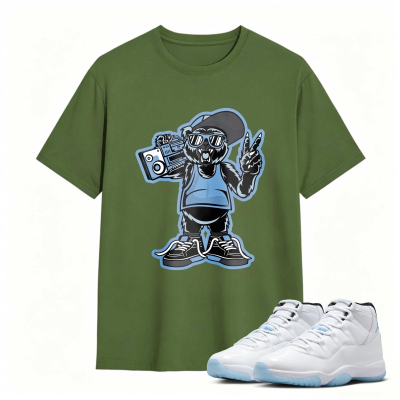 Cartoon Bear With Boombox And Sunglasses Shirt To Match Air Jordan 11 White Legend Blue - Sneaker Match Shirt