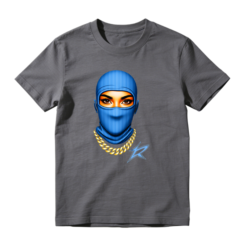 Blue Balaclava Face With Gold Chain And Star Shirt To Match Jordan 14 Black And University Blue - Sneaker Match Shirt