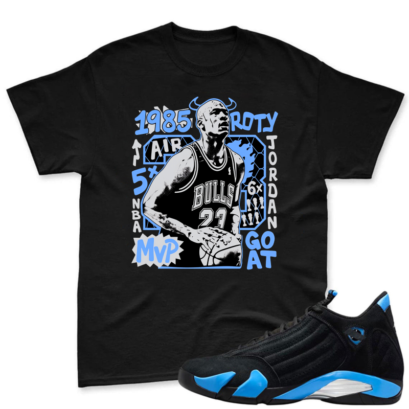 Michael Jordan Bulls 1985 Roto Air Jordan 6x Champion Mvp Goat Shirt To Match Jordan 14 Black And University Blue Sneaker Match Shirt