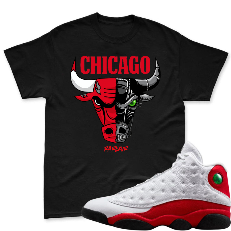Chicago Bulls Logo With Red And Black Bull Head Design Shirt To Match Air Jordan 13 Chicago - Sneaker Match Shirt