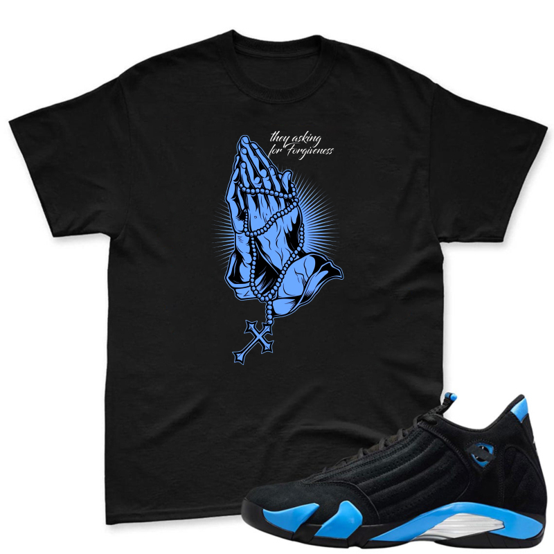 Praying Hands With Rosary And Cross Shirt To Match Jordan 14 Black And University Blue Sneaker Match Shirt