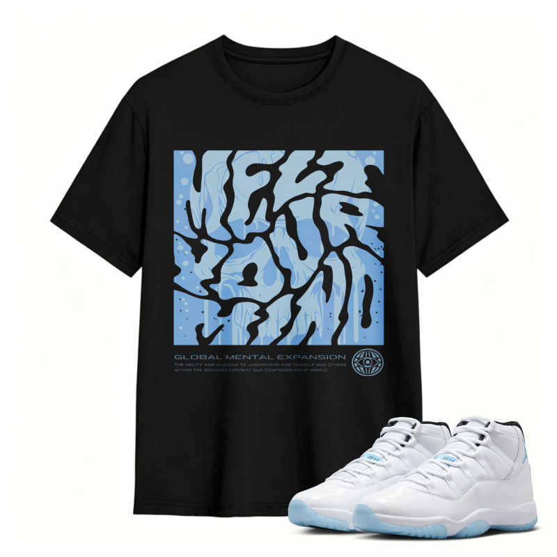Abstract Blue Wave Pattern With Global Mental Expansion Text Shirt To Match Air Jordan 11 White Legend Blue Sneaker Match Shirt