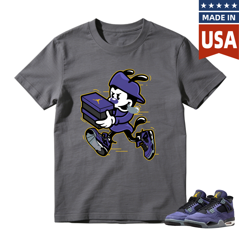 Cartoon Character Holding Shoe Box Shirt to Match Jordan 4 Lakers Imperial Purple - Sneaker Match Shirt